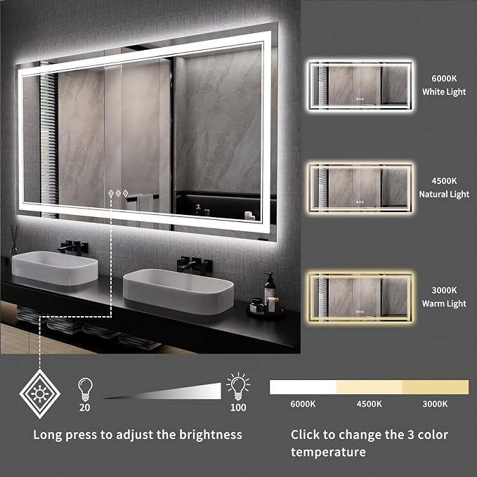 Big Bathroom Mirror, 84x40 Inch Gradient Front and Backlit Lighted Mirror - Image 5