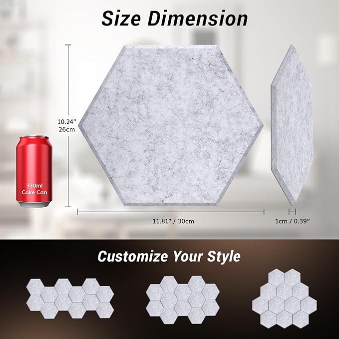 18 Pack Hexagon Acoustic Panels, TONOR 12"x 10"x 0.4" High Density Sound Proof - Image 5