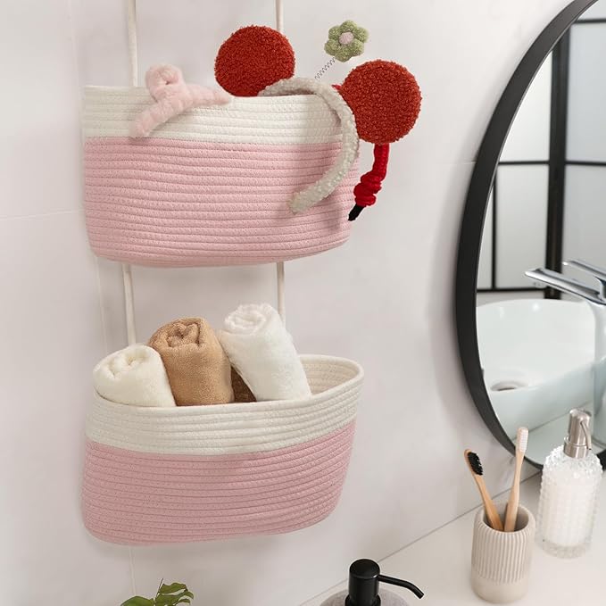 TeoKJ Over the Door Hanging Basket, 3-Tier Woven Cotton Wall-Mounted Storage - Image 7