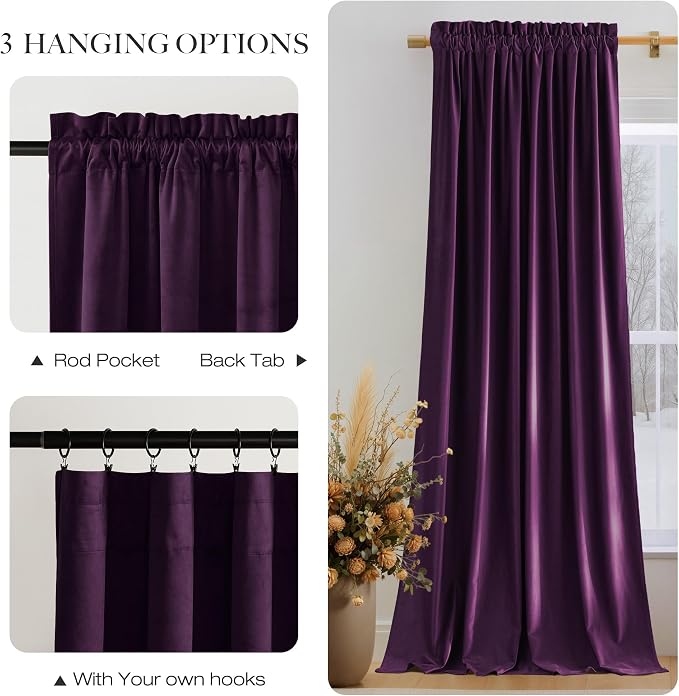 NICETOWN Purple Blackout Velvet Curtains 84 inch Long, Dark Purple - Image 6