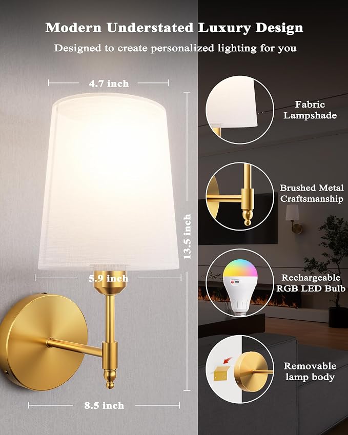 Ouyulong Battery Operated Wall Sconces Set of 2, Wireless Rechargeable Dimmable - Image 5