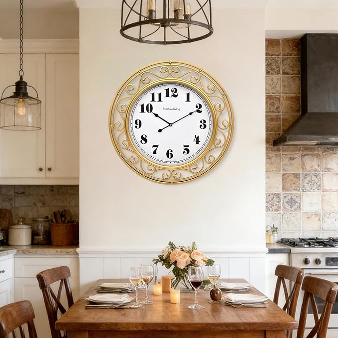 SwallowLiving 24 Inch Vintage Iron Large Metal Frame Gold Wall Clock Silent by SwallowLiving