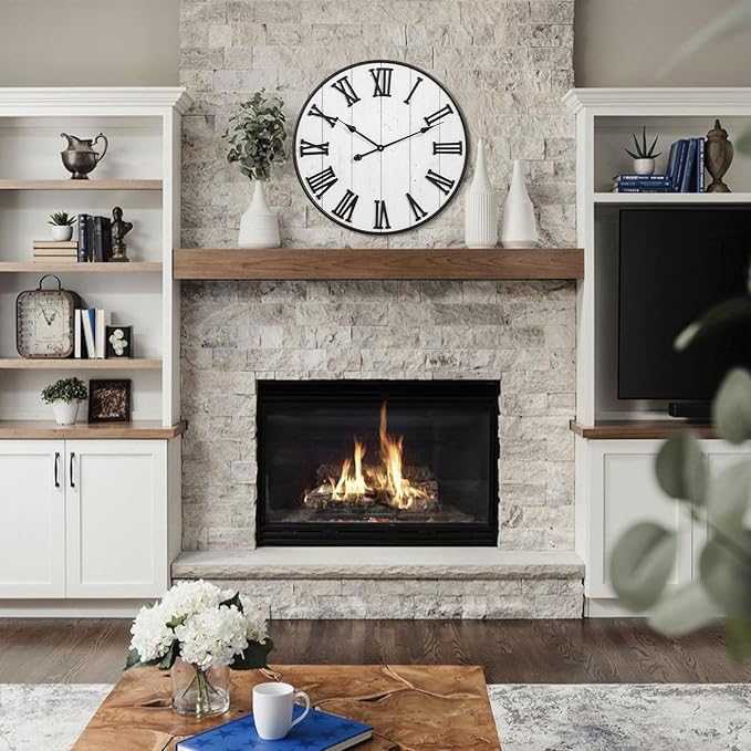 Large Rustic Wooden Wall Clock, 24 Inch Whitewashed Farmhouse Wall Clock - Image 6