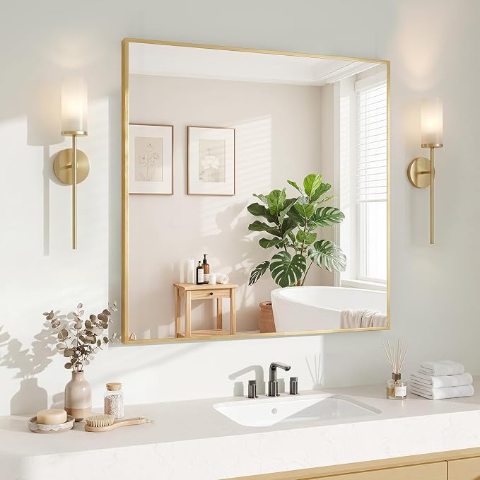 Koonmi Gold Mirrors for Wall, 30x30 Inch Bathroom Mirror, Rectangular Wall by KOONMI