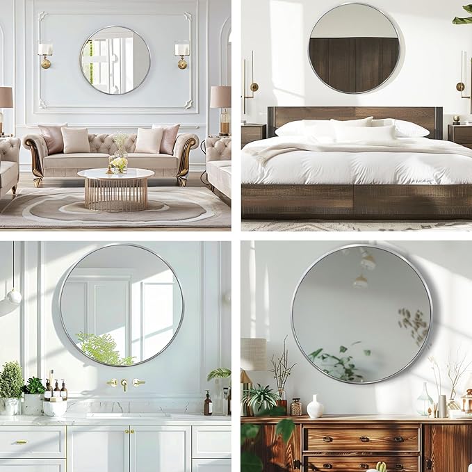 Round Silver Mirror, 30 Inch Circle Silver Mirror, Metal Frame Round Wall - Image 5