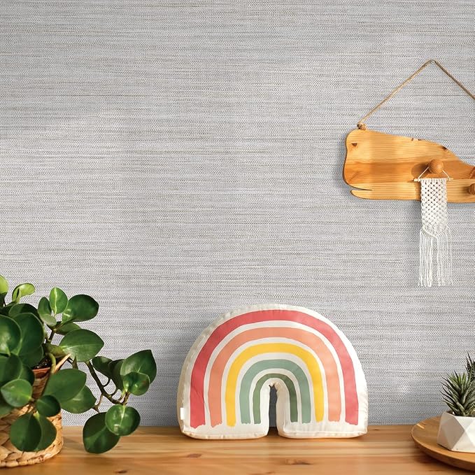 Tempaper Textured Pewter Grey Horizontal Faux Grasscloth Removable Peel and - Image 8