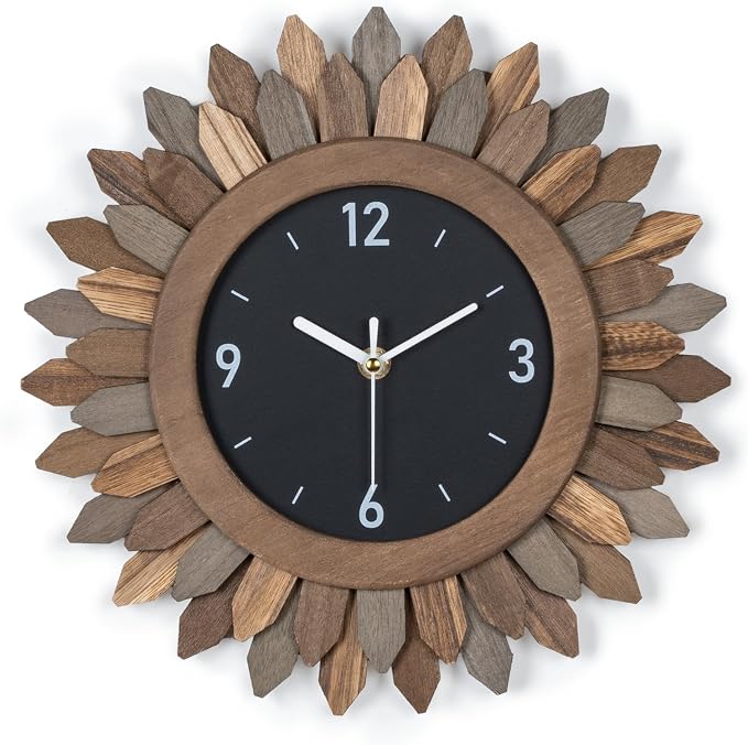 Honiway Wall Clock Battery Operated 12 in Rustic Wood Boho Sunburst Decorative by Honiway