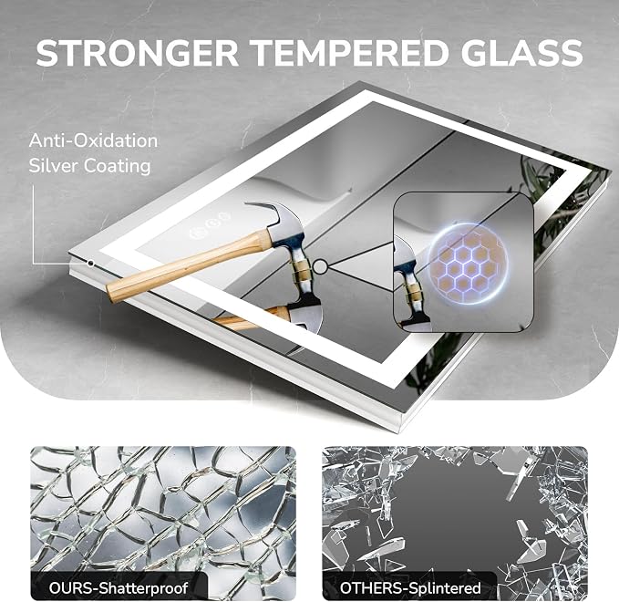 USHOWER LED Bathroom Mirror 60x36 Inch Tempered Glass - Image 6