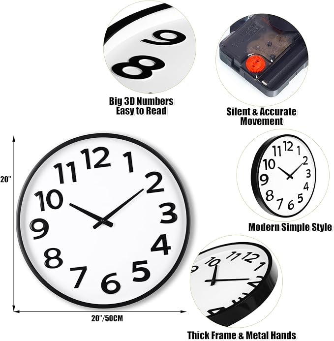Keepcross 20 Inch Large Wall Clock Battery Operated Silent Non-Ticking - Image 4