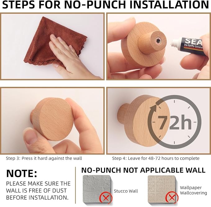 4 Pack Wood Hooks No Damage Wall Hooks Round Rings Adhesive Hooks Clothes - Image 5