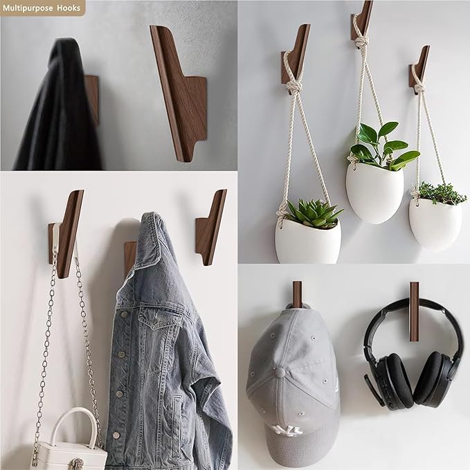 Wood Wall Hooks 4 Pack Coat Hooks Wall Mount Walnut Wooden Hooks - Image 5