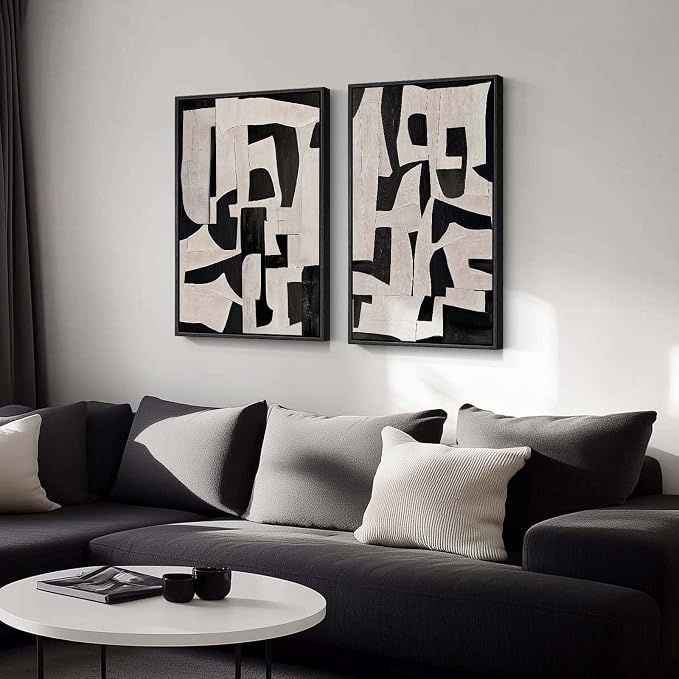 Large Framed Black and Beige Abstract Wall Art, Modern Art Prints Pictures - Image 2