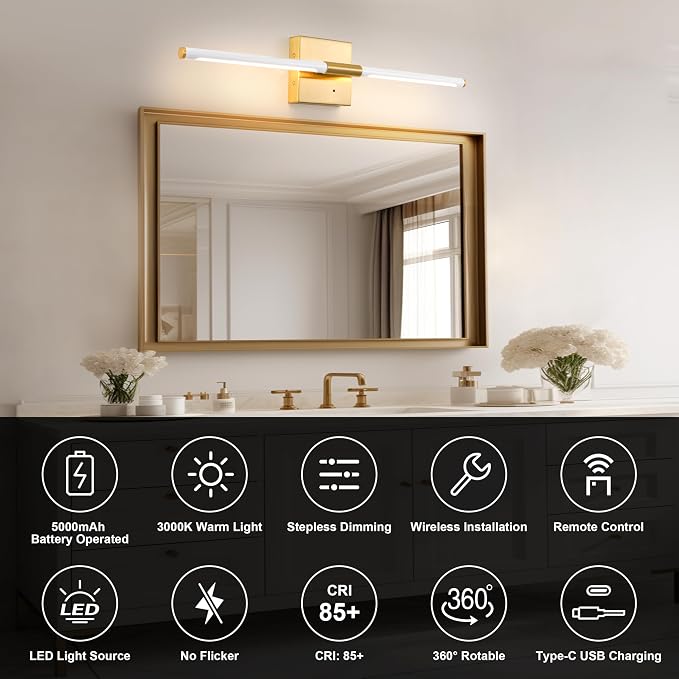 Morauroral 30 Inch White Gold Battery Operated Wall Sconces Set of 2, Dimmable - Image 3