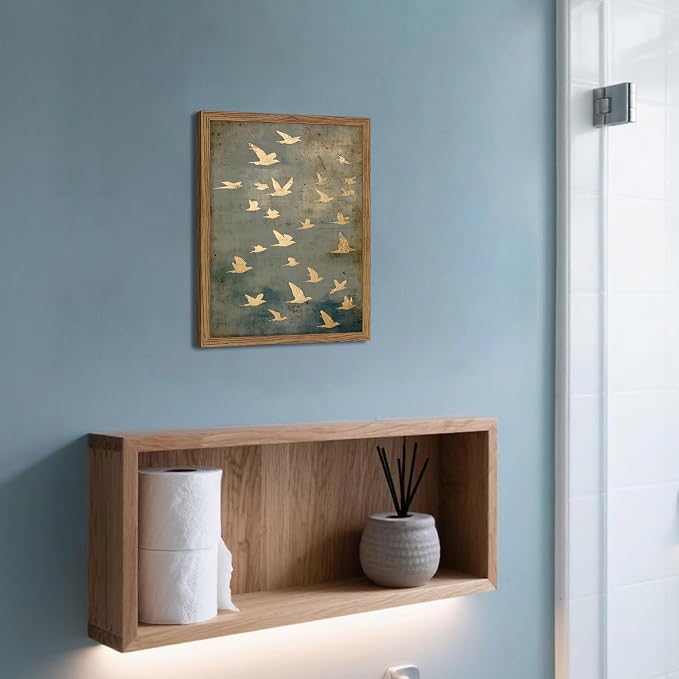 Framed Flock of Birds Canvas Wall Art, Vintage Minimalist Abstract Landscape - Image 2