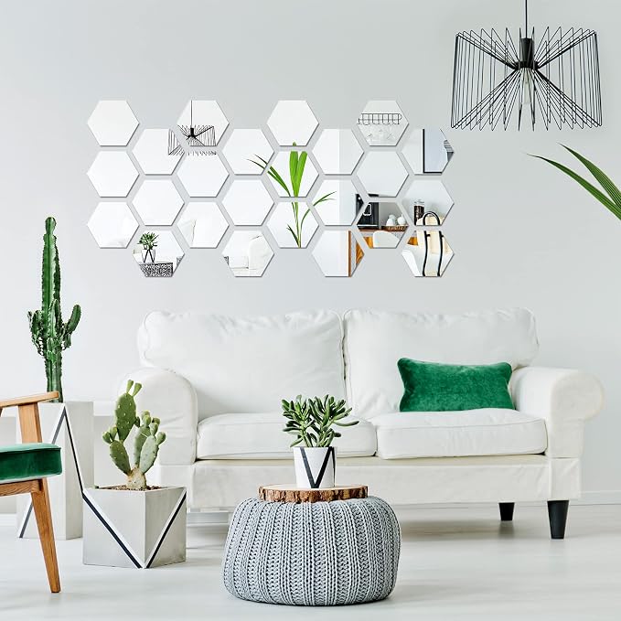 Shappy 32 Pcs Hexagon Mirror Wall Stickers Removable Silver Acrylic Mirror - Image 4