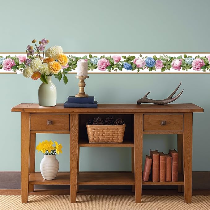 Floral Wallpaper Border 196x4 Inch Peel and Stick Wall Border Pink Blue Rose - Image 6