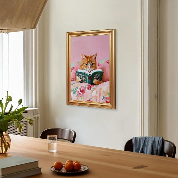 Fantasy Artists Gold Framed Wall Art Prints, Cute Orange Cat Reading a Green - Image 3