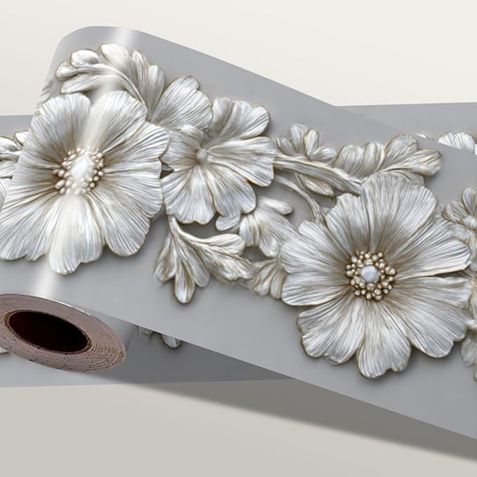 Silver Floral Wallpaper Border 196x4 Inch Peel and Stick Wall Border Metallic by IOHEFY