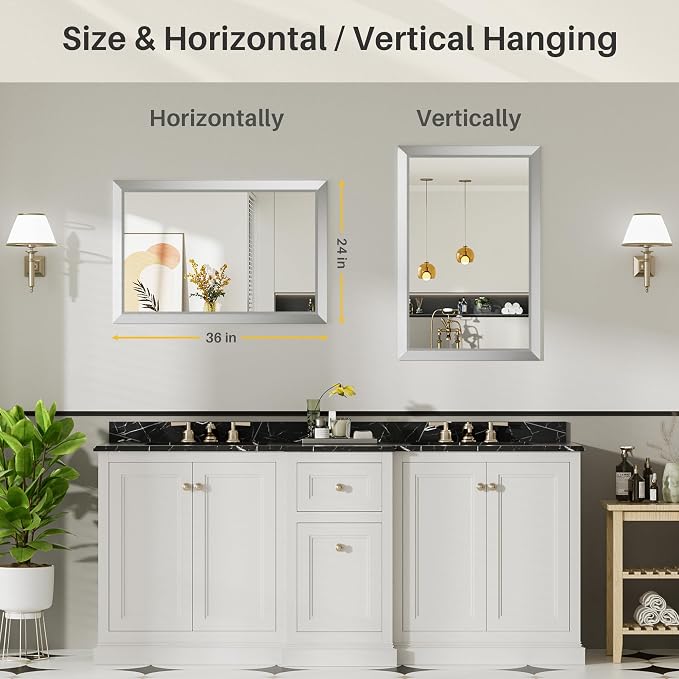 24x36 Inch Brushed Silver Bathroom Mirror - Image 6