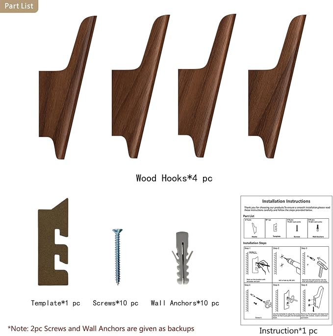 Wood Wall Hooks 4 Pack Coat Hooks Wall Mount Walnut Wooden Hooks - Image 9