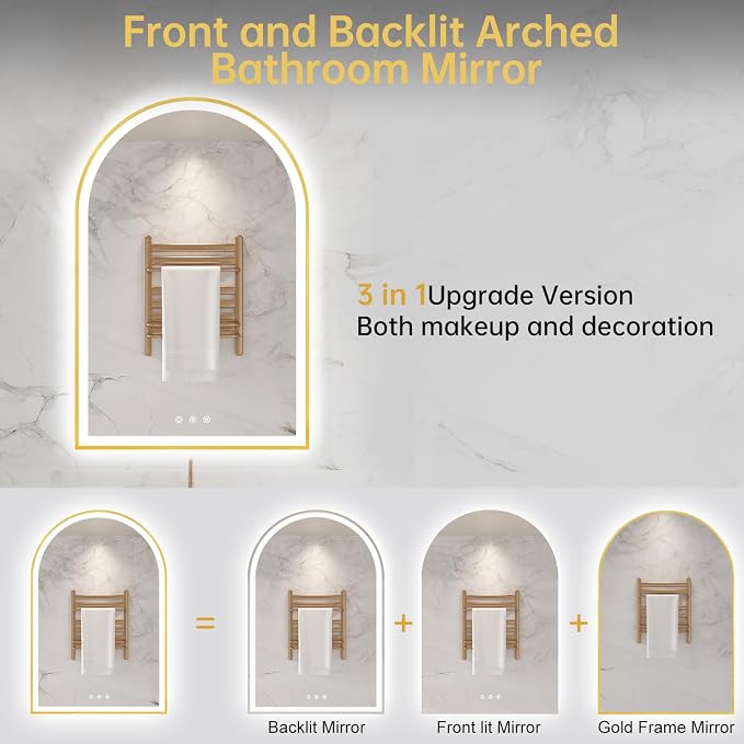 24"x36" Arched LED Mirror for Bathroom, Brushed Gold Lighted Bathroom Mirror - Image 5