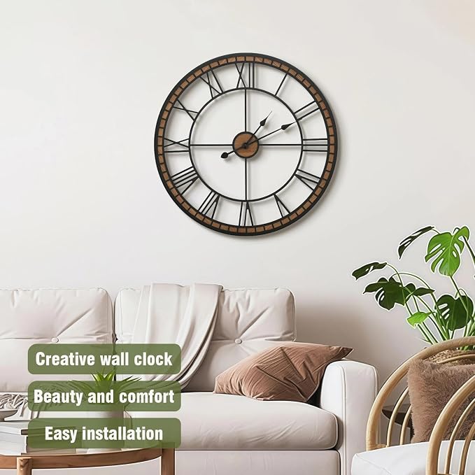 Micasso Large Farmhouse Wall Clock: 24 inch Modern Metal Black - Image 3