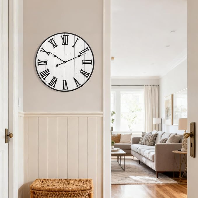 Large Rustic Wooden Wall Clock, 24 Inch Whitewashed Farmhouse Wall Clock - Image 4