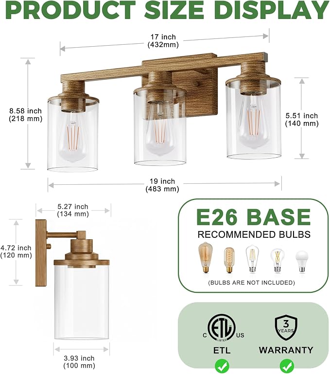 DORESshop 17 Inch Bathroom Light Fixtures, 3-Light Oak Bathroom Lighting - Image 5