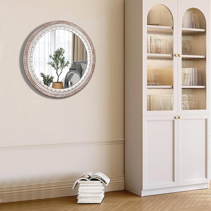 Reflinto 30 Inch Rustic Farmhouse Round Wood Mirror Wall Decor, Boho Circle - Image 6