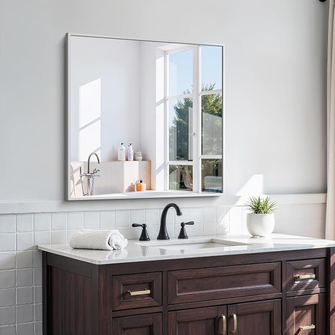 KOCUUY Silver Framed Mirror, HD Tempered Glass, Anti-Rust Brushed Silver Frame - Image 2