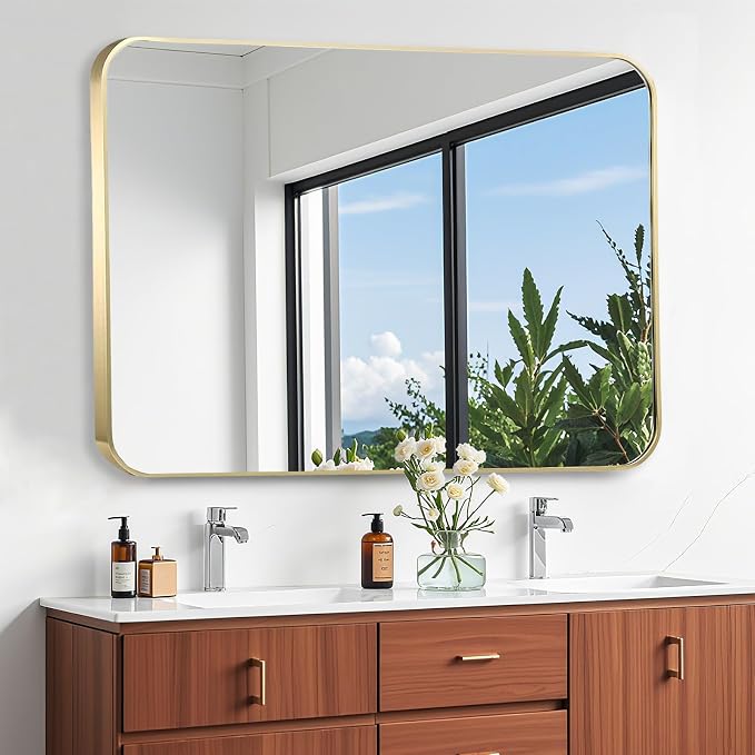 40x30 Inch Gold Bathroom Mirror, Brushed Gold Metal Framed Rectangular Mirror - Image 2