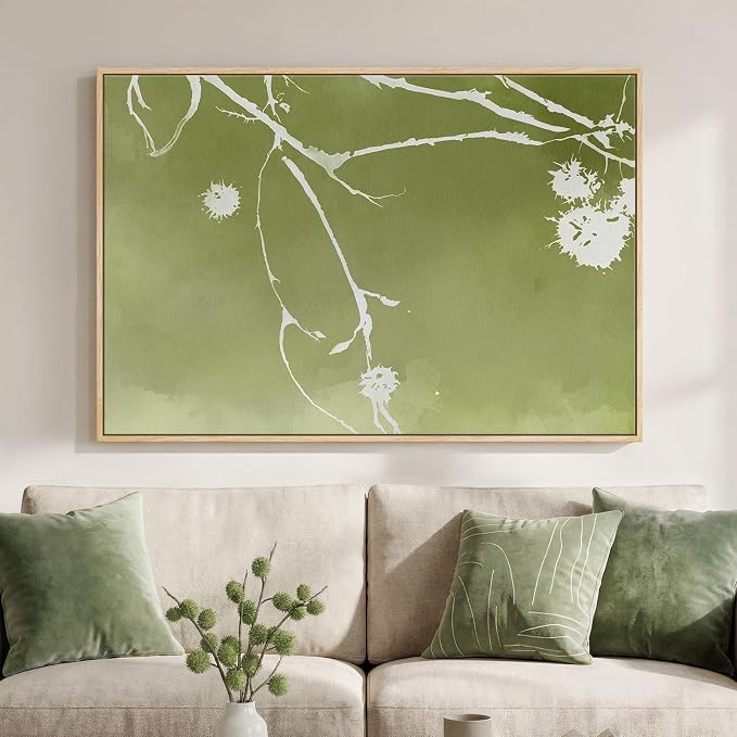 Framed Green Abstract Botanical Wall Art, Modern Minimalist Sage Green Canvas by Cuspin