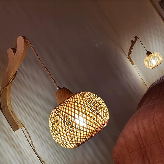 Frideko Bamboo Wall Sconces Set of Two Plug in, Boho Wall Lamp - Image 2