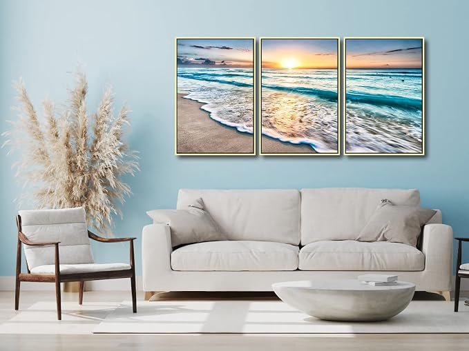 Wieco Art Framed Wall Art 3 Panels Blue Beach Canvas Art - Image 3