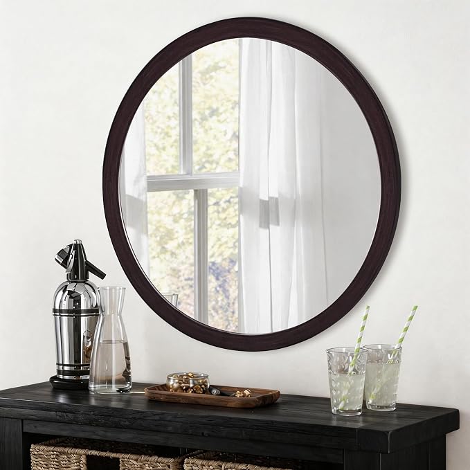 CULER Round Mirror 36 Inch, Wood Rustic Bathroom Tempered Wall Mirror - Image 2
