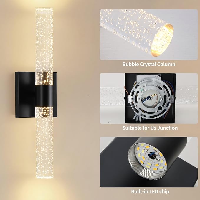 Black Modern LED Wall Sconces Set of Two 3000K-6000K Crystal Bathroom Sconce - Image 7