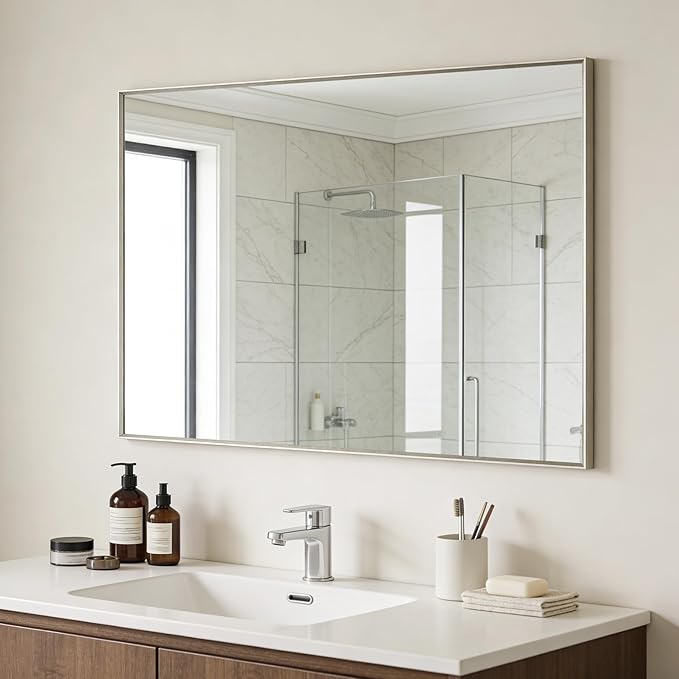 Bathroom Mirror for Wall, 30x40 Inch Metal Framed Mirror, Brushed Nickel - Image 3