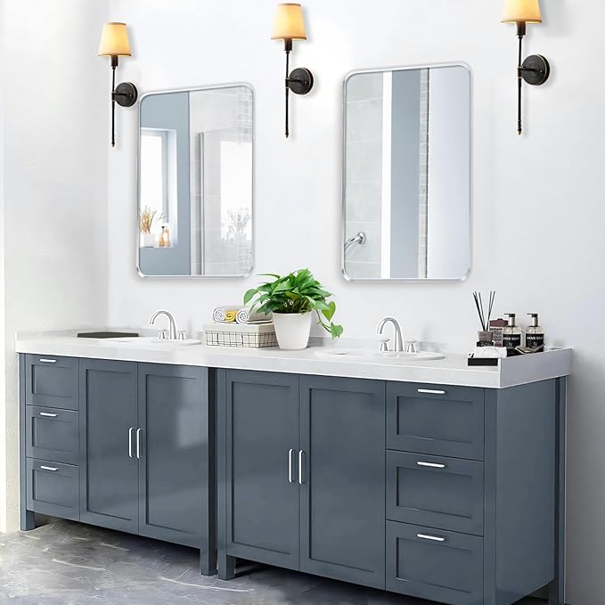 Wall Mount Mirror for Bathroom, Brush Silver Metal Framed Rounded Corner - Image 5