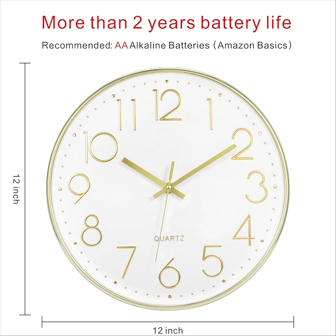 Foxtop Gold Wall Clock 12 Inch Silent Non-Ticking Battery Operated Round Modern - Image 2