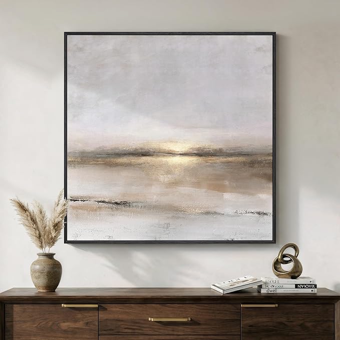 Framed Neutral Abstract Landscape Wall Art, Modern Gray Black Gold Canvas by Cuspin