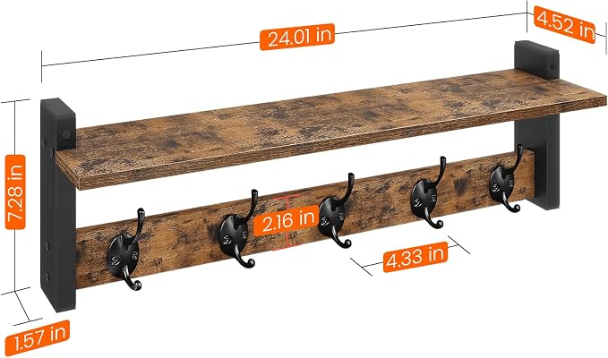 Homode Coat Rack with Wall Mount, 24 Inch Long Entryway Wall Shelf with Hooks - Image 7