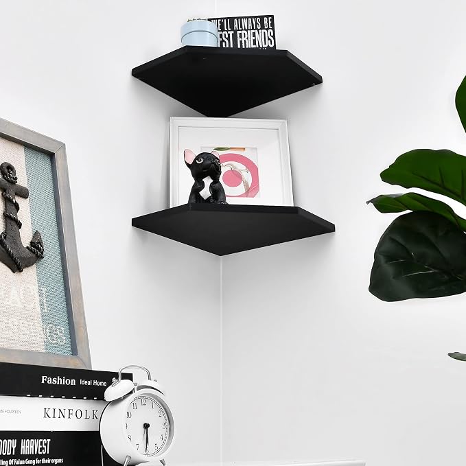 WELLAND 12-Inch Black Floating Corner Shelves Set of 2, Wall Mounted Storage - Image 4