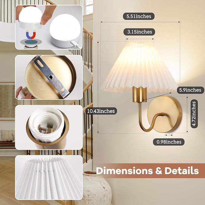 Wireless Wall Sconce Sets of 2, Pleated Shades Rechargeable Battery Operated - Image 5