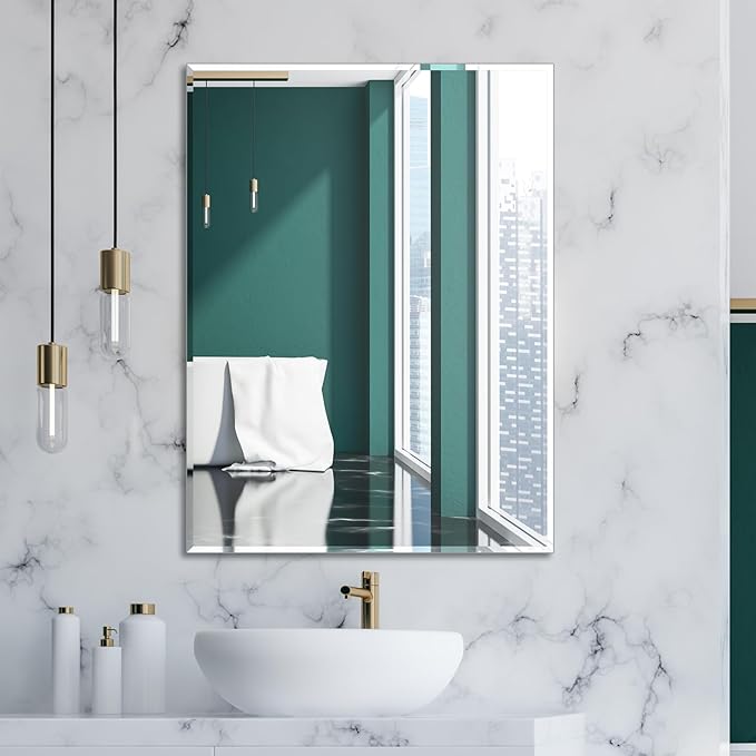 Frameless Bathroom Mirror for Wall, Rectangle Beveled Edge Mirror for Over Sink by Ruomeng