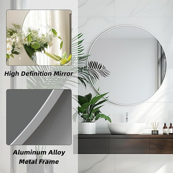 Round White Mirror, 30 Inch Circle White Mirror, Metal Frame Round Wall Mounted - Image 2