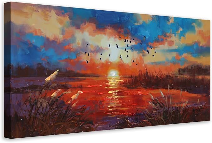 Anolyfi Sunset Wall Art for Living Room, Reed Lake Wall Decor Red Artwork for by Anolyfi