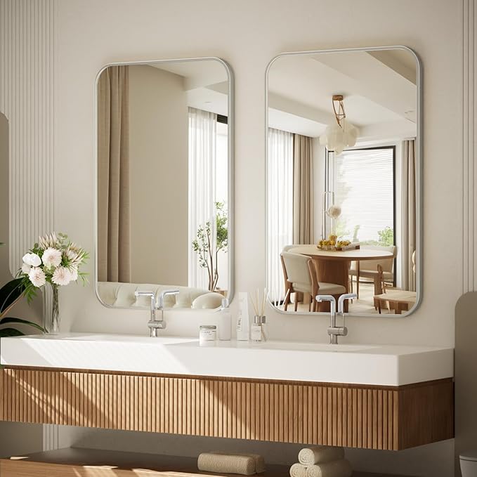 BEAUTYPEAK Silver Wall Mounted Bathroom Mirror, Aluminum Alloy Frame Bathroom - Image 5