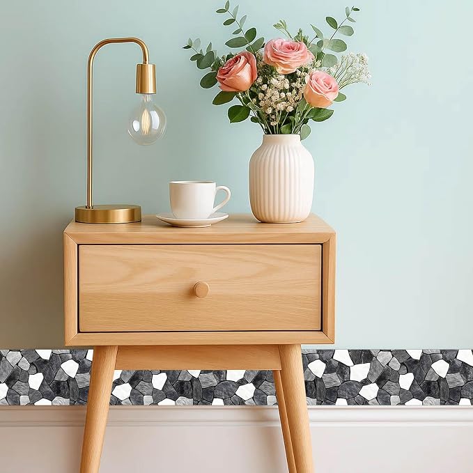 IVN Wallpaper Border Black White Stone Pattern Design 4x196 Inch Peel and Stick - Image 2