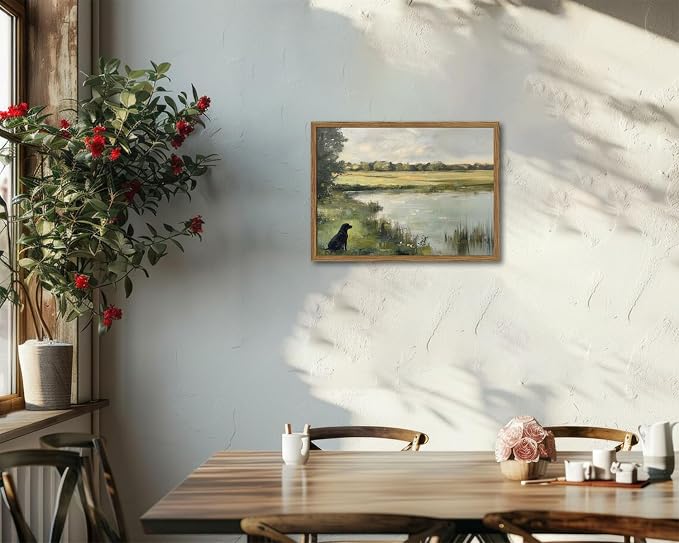 Framed Vintage Hunting Black Dog Wall Art, Rustic Country Nature Landscape - Image 8