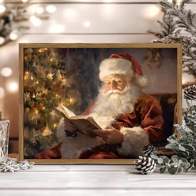 Framed Vintage Christmas Canvas Wall Art, Santa Claus Reading Book Paintings - Image 6